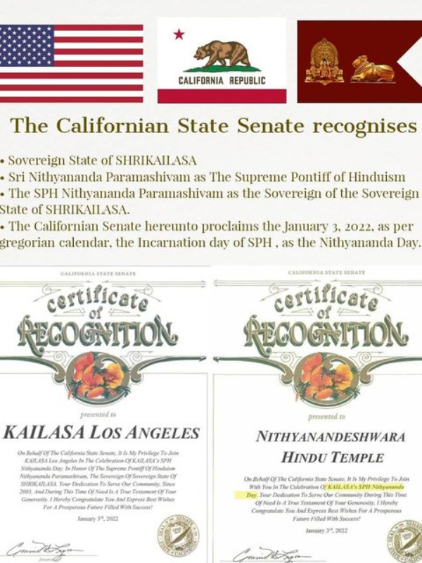 The Californian State Senate recognizes ShriKailasa