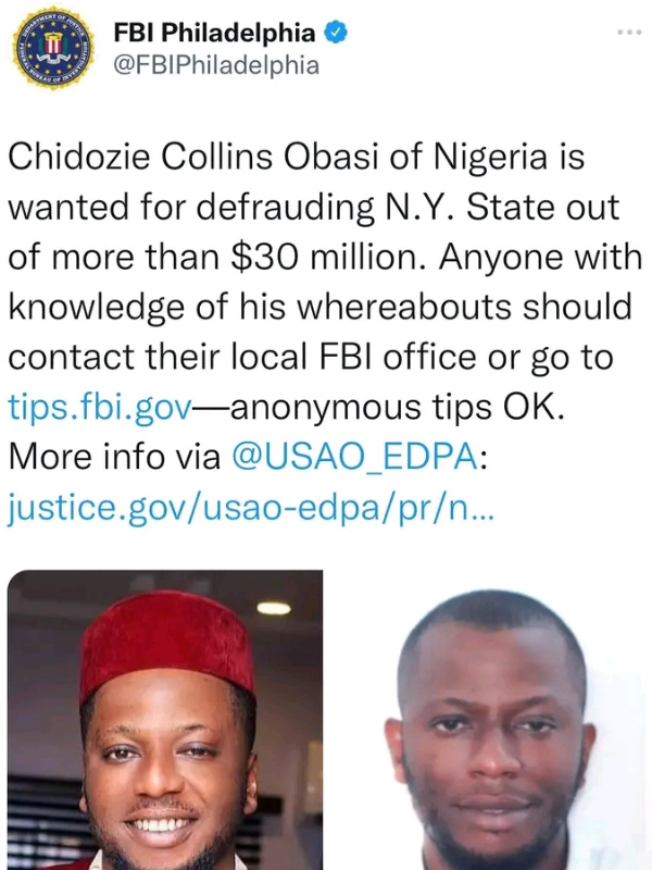 NIGERIAN WANTED FOR DEFRAUDING NY STATE OUT OF MORE THAN $30MILLION